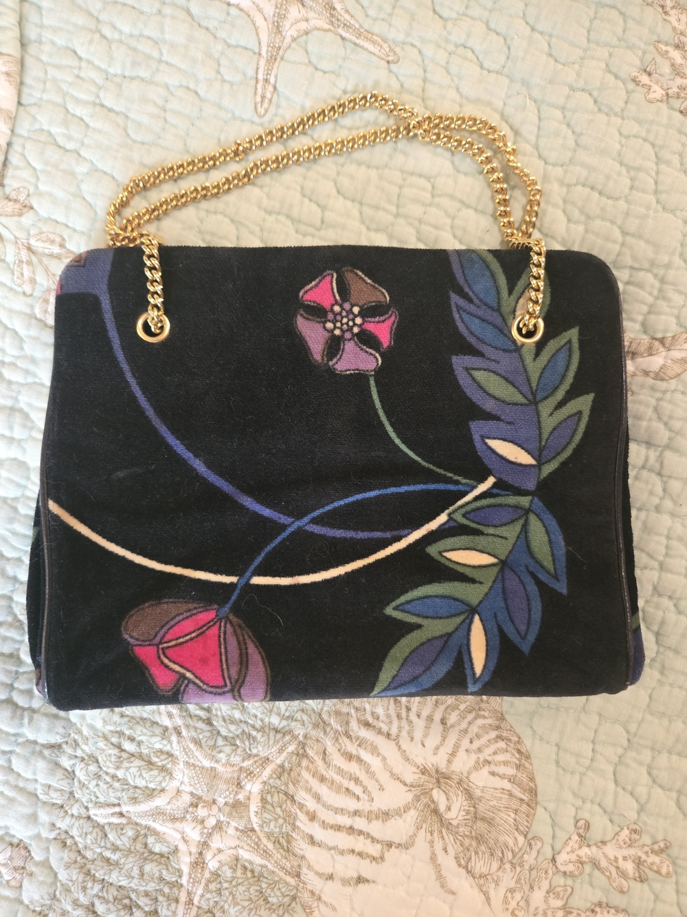 Vtg Authentic Pucci Navy Velvet Mini Bag with Pink and Blue Floral 60s